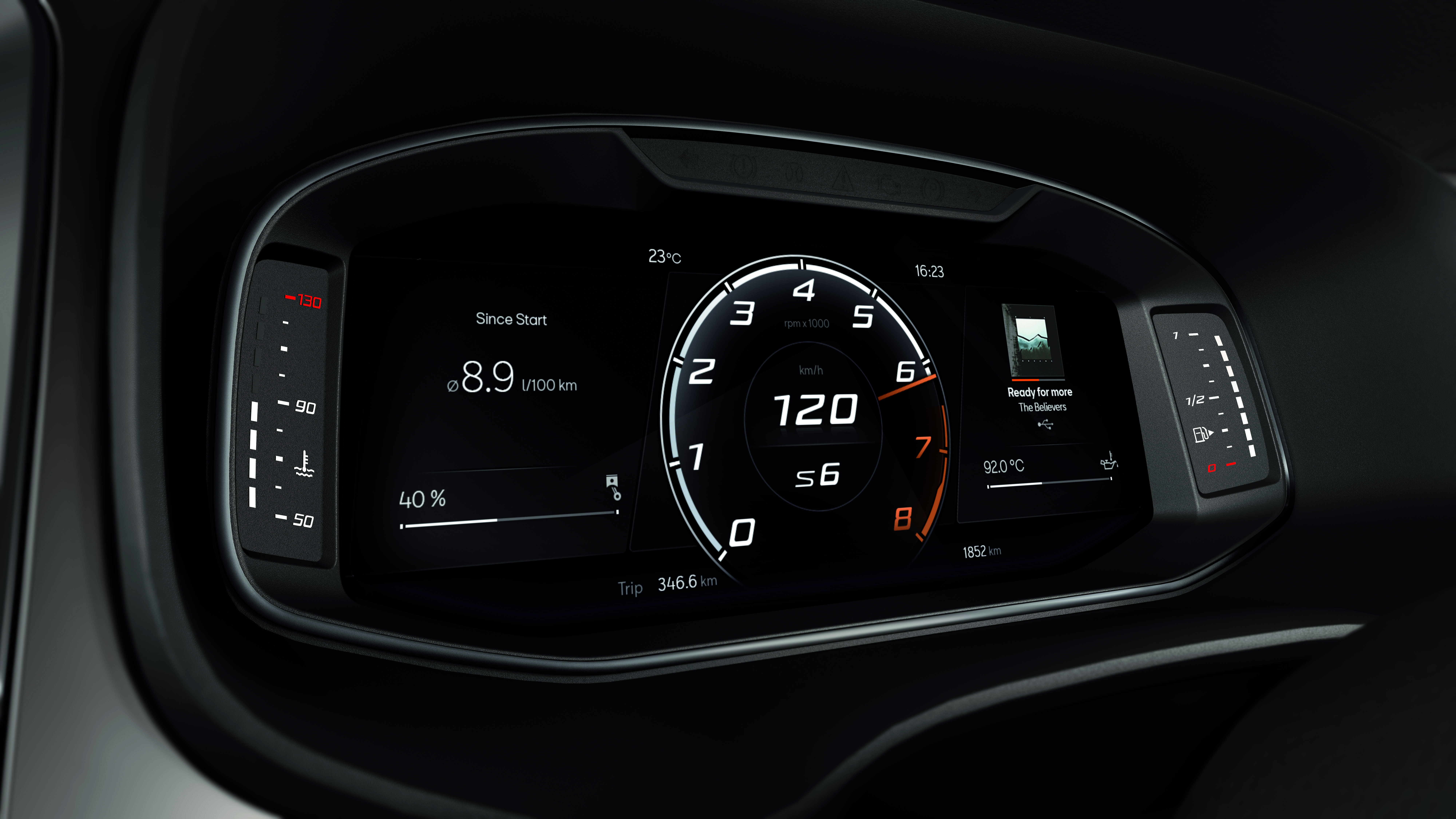 Close-up of the 10.25" Digital Cockpit in the CUPRA Ateca, showcasing real-time drive data and speed information for the driver.