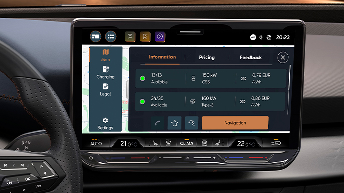 CUPRA Born frontal view of dashboard with charging points availability